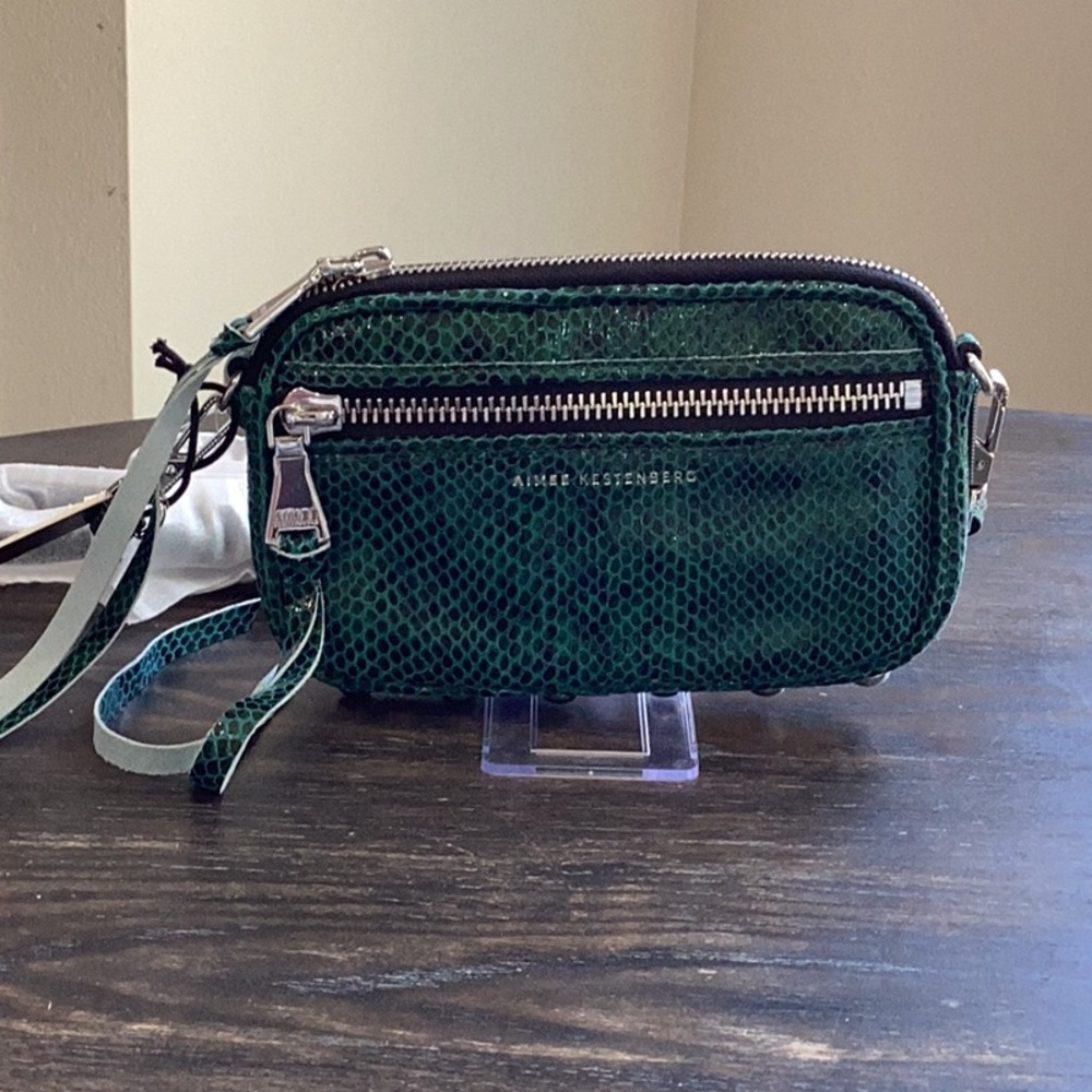 Aimee Kestenberg Green Snake Embossed Leather Crossbody Bag with Silver Hardware